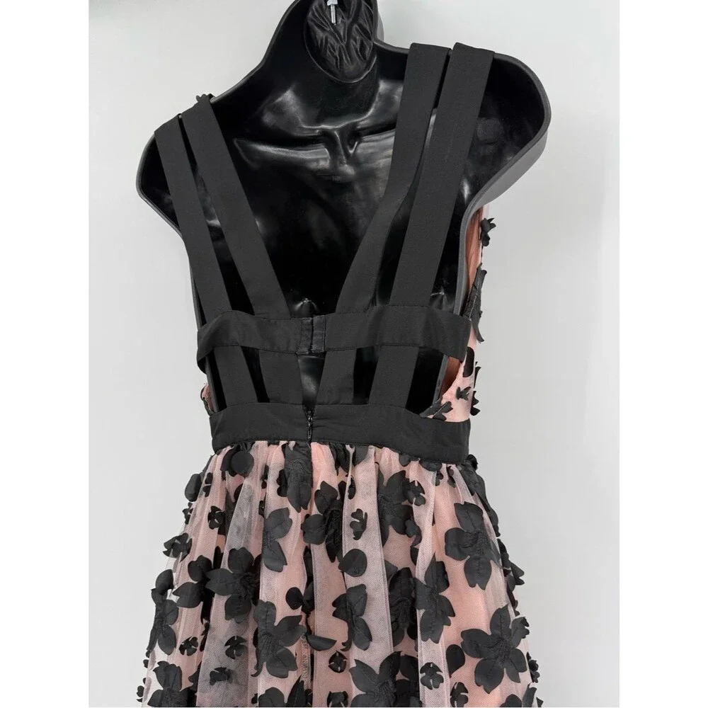 Anthropologie Strappy Floral Floral Appliqúe Tulle Midi Dress | Black /Blush | 0 - Picture 4 of 12